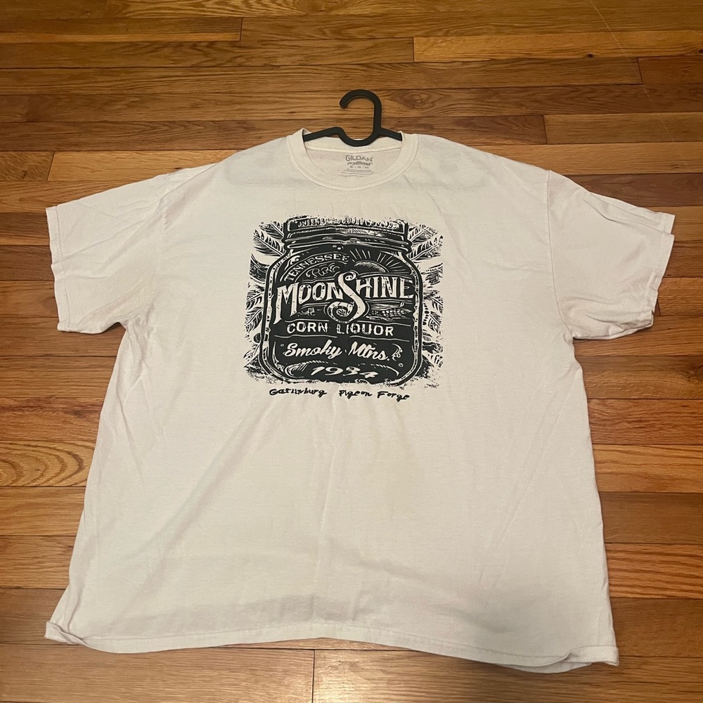 Gildan White Short Sleeve Tee with Black Moonshine Label Graphic